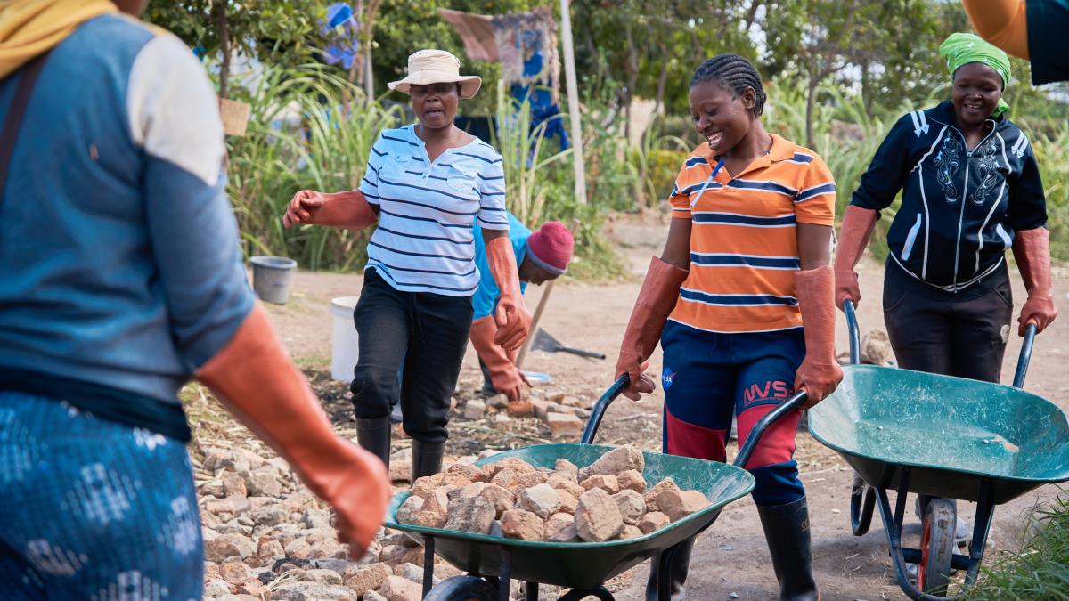 Community members in Zimbabwe fortify a degraded gulley