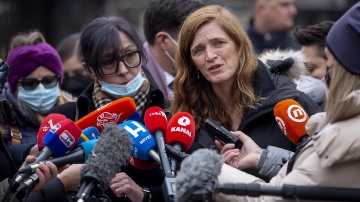 Samantha Power speaking with journalists