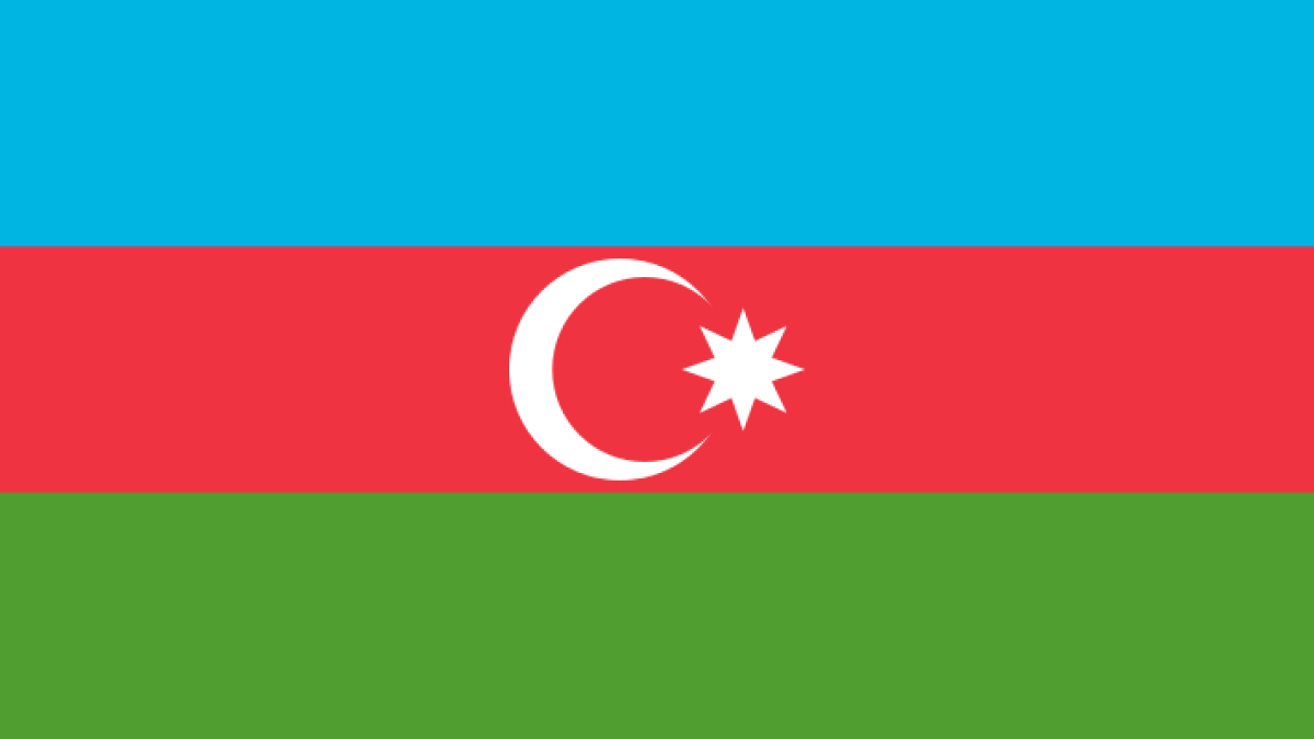 flag of azerbaijan, with three stripes: top stripe is bright blue, middle stripe is red with a moon and star shapes in white, and bottom stripe is green