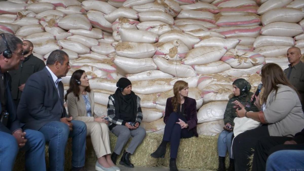 Administrator Power talks with USAID-supported farmers in Lebanon's West Bekaa. Credit: USAID