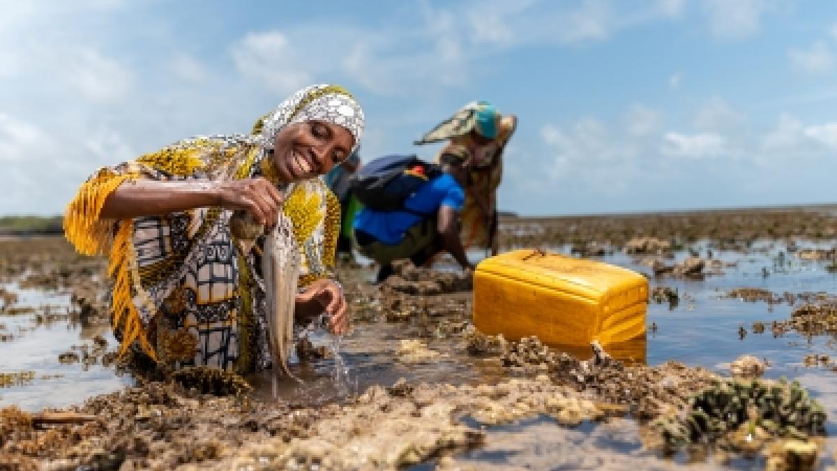 A smiling woman pulls an octopus she fishes out of the water of the Pate Marine Community Conservancy in Lamu County, Kenya