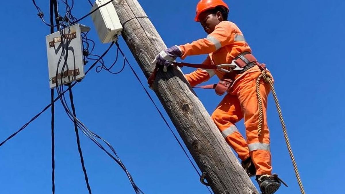 Woman climbing utility pole