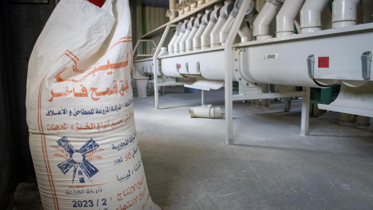 A bag of flour in a Libyan flour factory