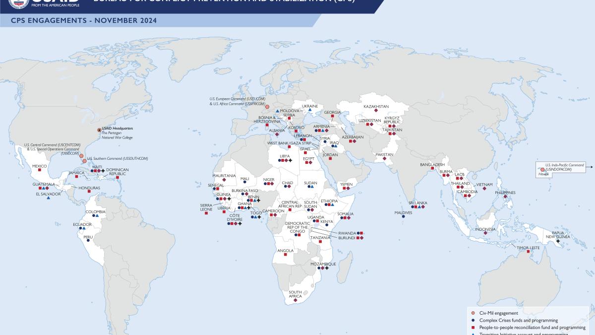 World map with USAID logo and text, "Bureau for Conflict Prevention and Stabilization (CPS). CPS Engagements - November 2024."