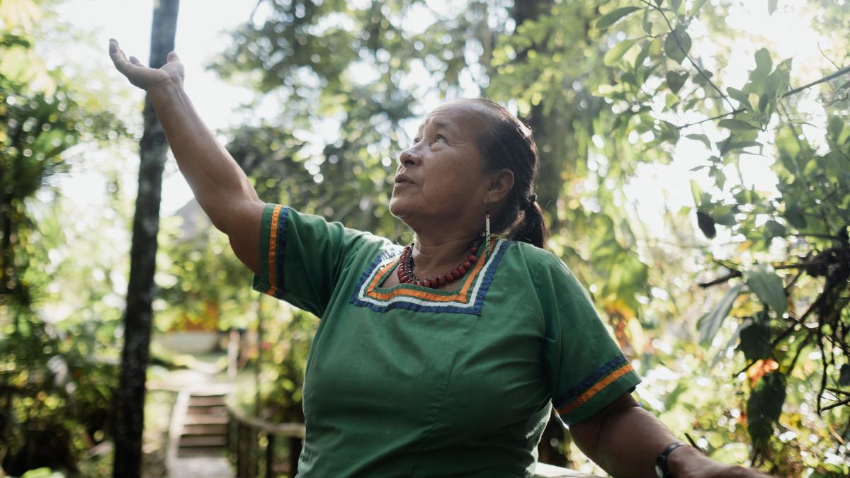 Administrator Power Travels to Ecuador November 2023 | A woman stands on a bridge with her arm raised to the sky. Credit: Joel Haim, WWF Ecuador