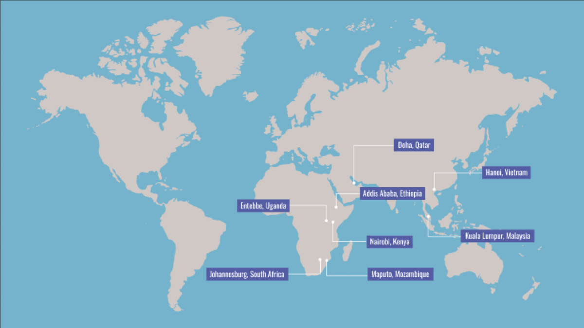 A map of the airport locations where ROUTES carried out wildlife trafficking gap assessments