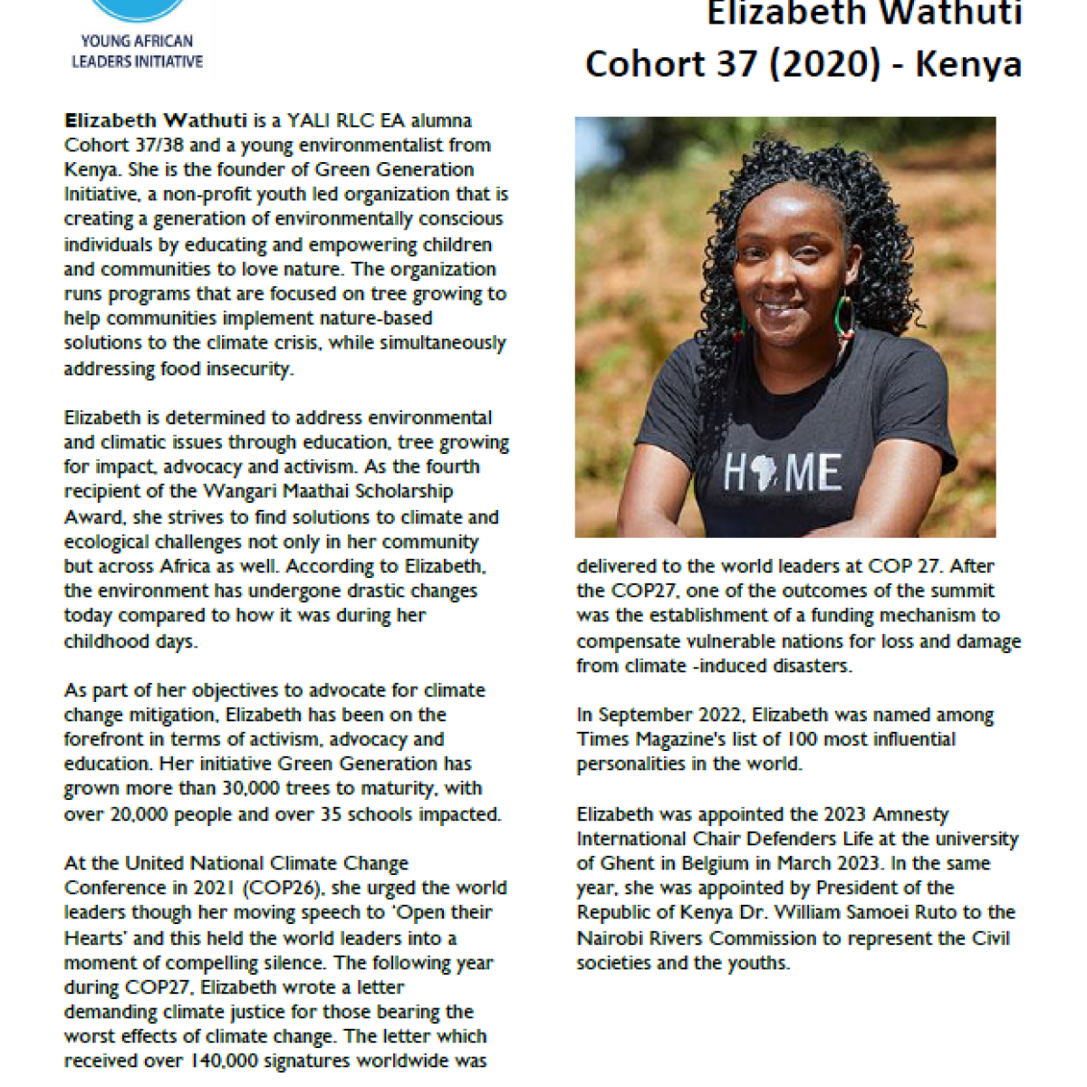 Elizabeth Wathuti Fact Sheet