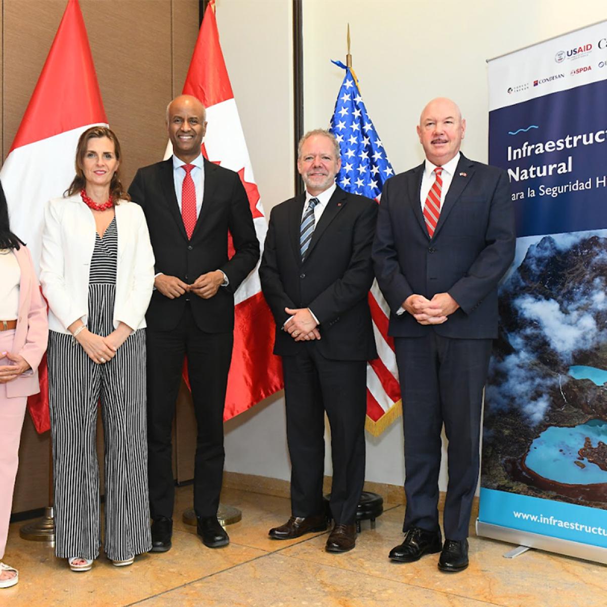 USA Charge D'Affairs in Peru, John McNamara, Canadian Minister of International Development, Ahmed Hussein, and Peruvian Minister of Environment, Albina Ruiz, during the announcement of the announce the extension of Natural Infrastructure for Water Security project.