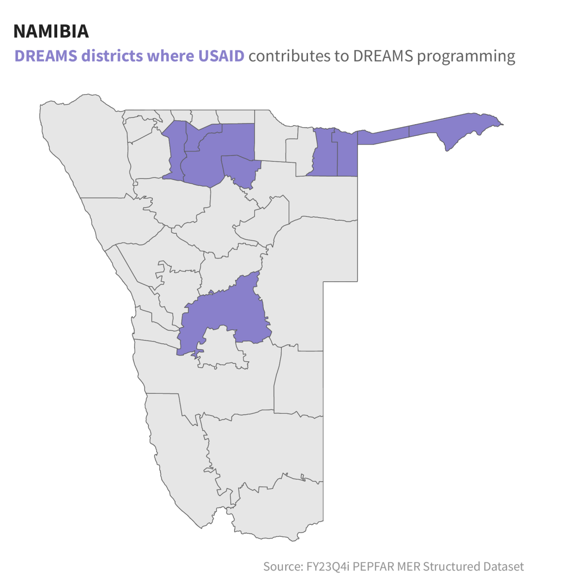 Namibia: DREAMS districts where USAID contributes to DREAMS programming