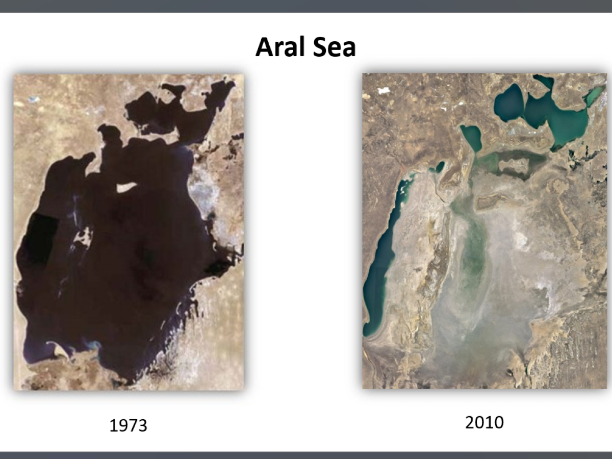 On the left is a picture of the Aral sea in 1973 which shows a large of body water. On the left is the Aral Sea in 2010 where there is less water.