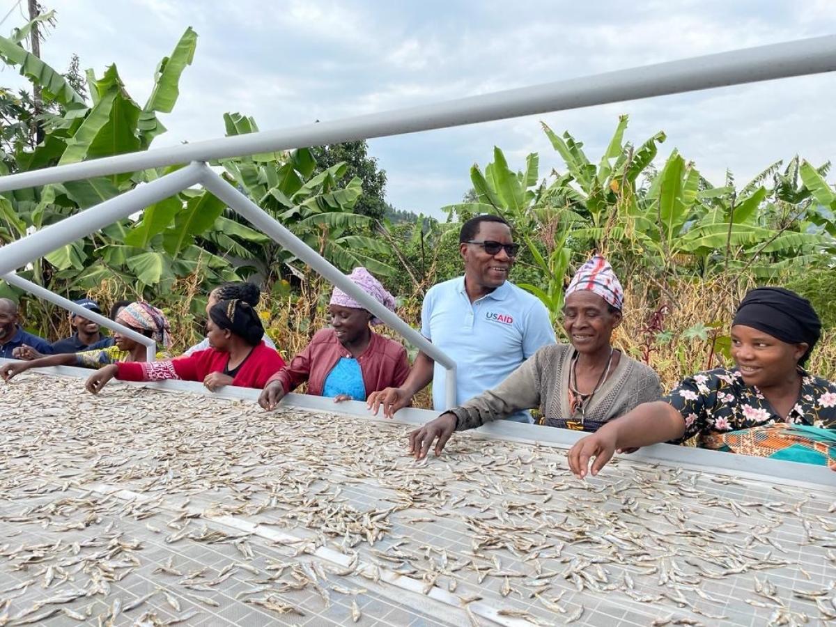 women fish farmers drying sambasa fish on long cloth racks outside