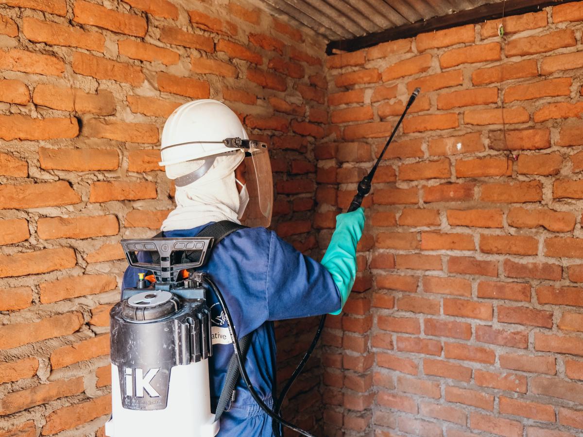 Theresa sprays the inside of a house.