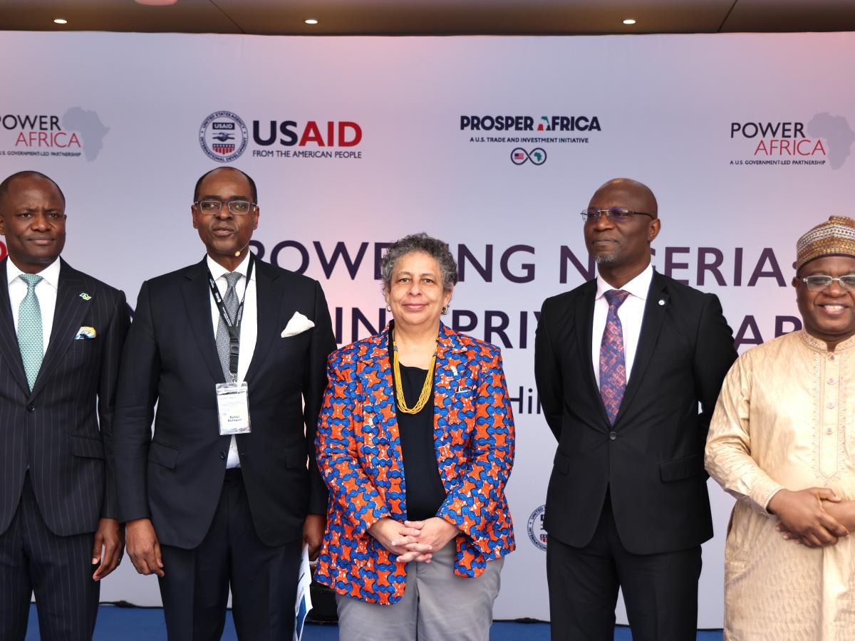 From Left to Right: CEO Nigerian Exchange Group, Temi Popoola; CEO Chapel Hill Denham, Bolaji Balogun; USAID/Nigeria Mission Director, Melissa A. Jones; Director General Securities and Exchange Commission, Dr. Emomotimi Agama; and Chairman Nigerian Exchange Group, Dr. Umaru Kwairanga at the USAID-funded INVEST activity's second infrastructure conference, themed ‘Powering Nigeria - Mobilizing Private Capital’ in Lagos.