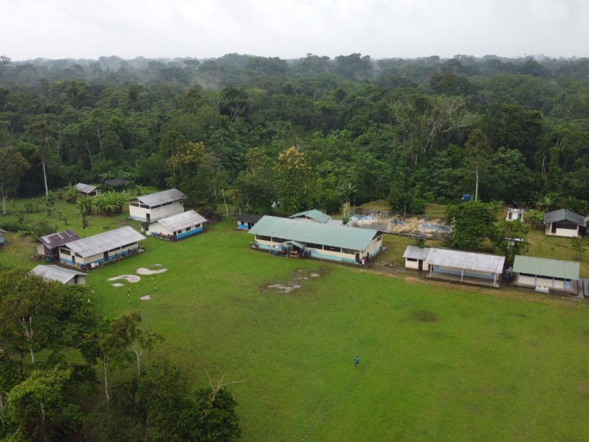 This picture shows a panoramic view of the El Pilchi lodge. The buildings are surrounded by amazonian rainforest greenery. 