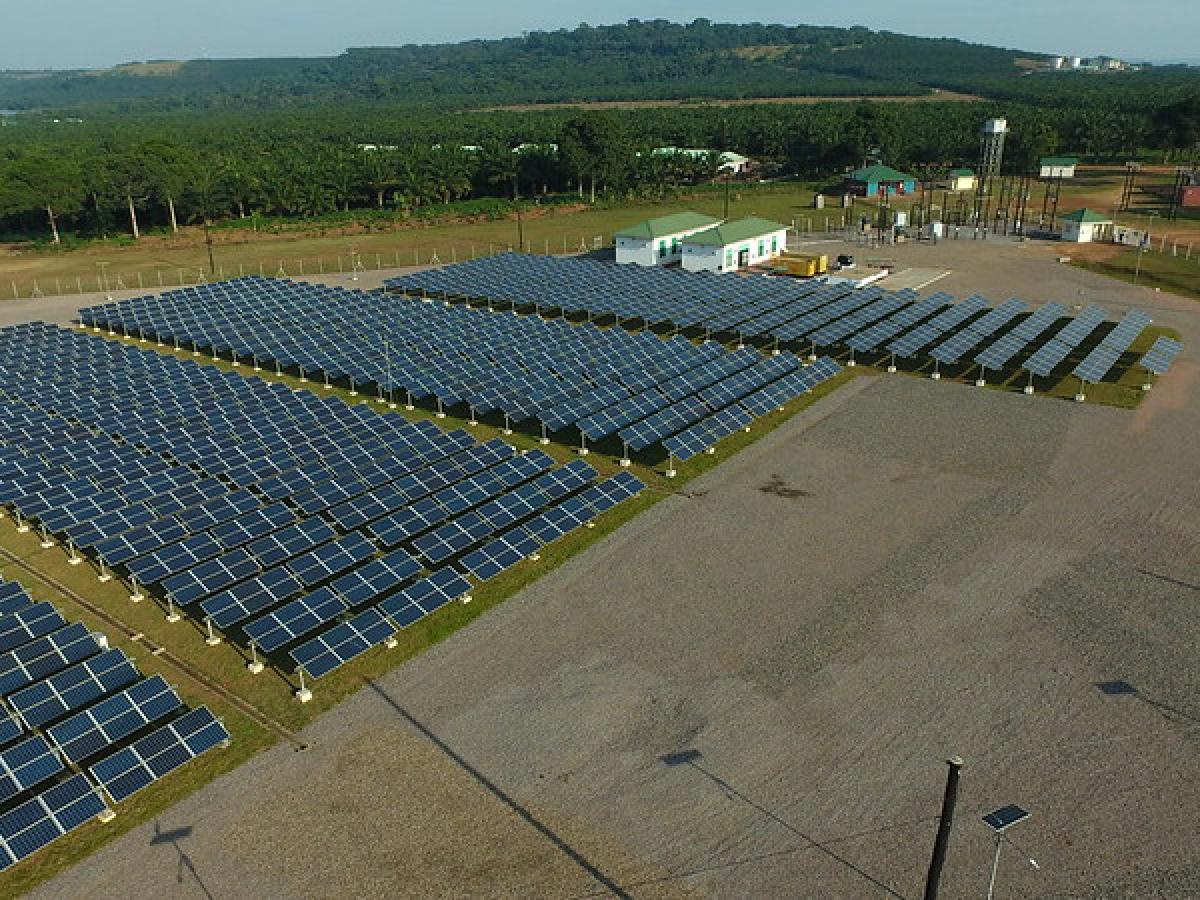 Aerial view of KIS hybrid thermal plant on Bugala Island in Uganda