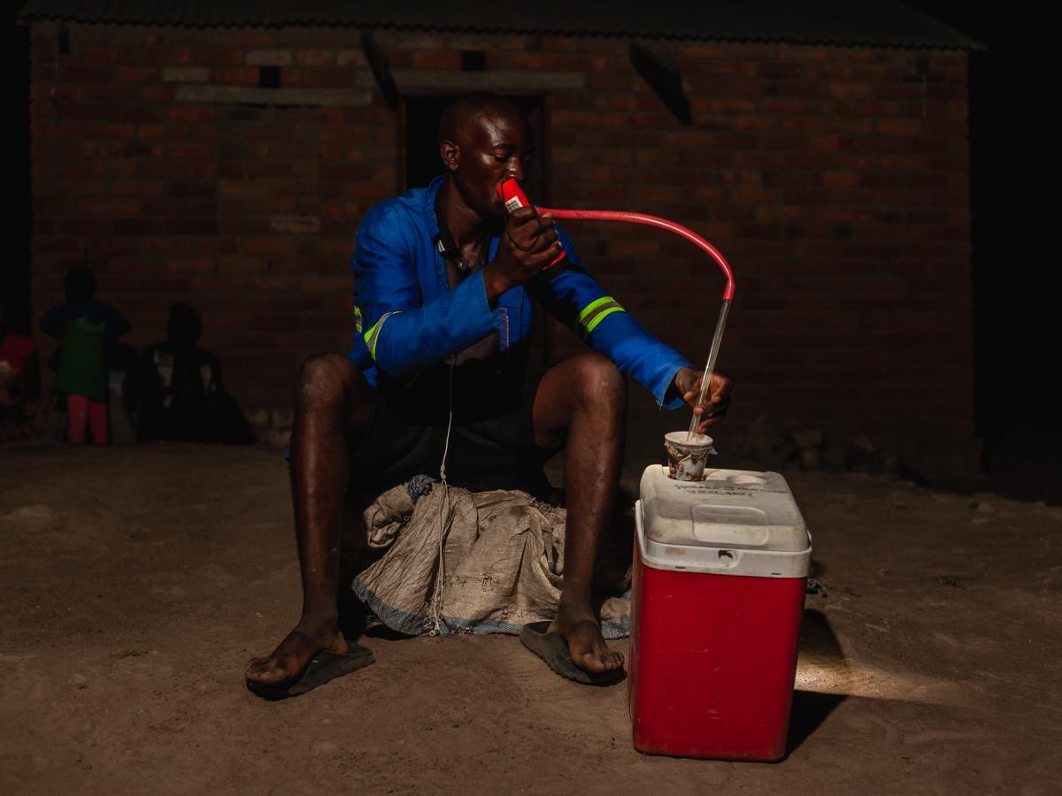 Micheal Banda, After catching the mosquito using a mouth aspirator, he carefully places the mosquito into a labeled paper cup. 