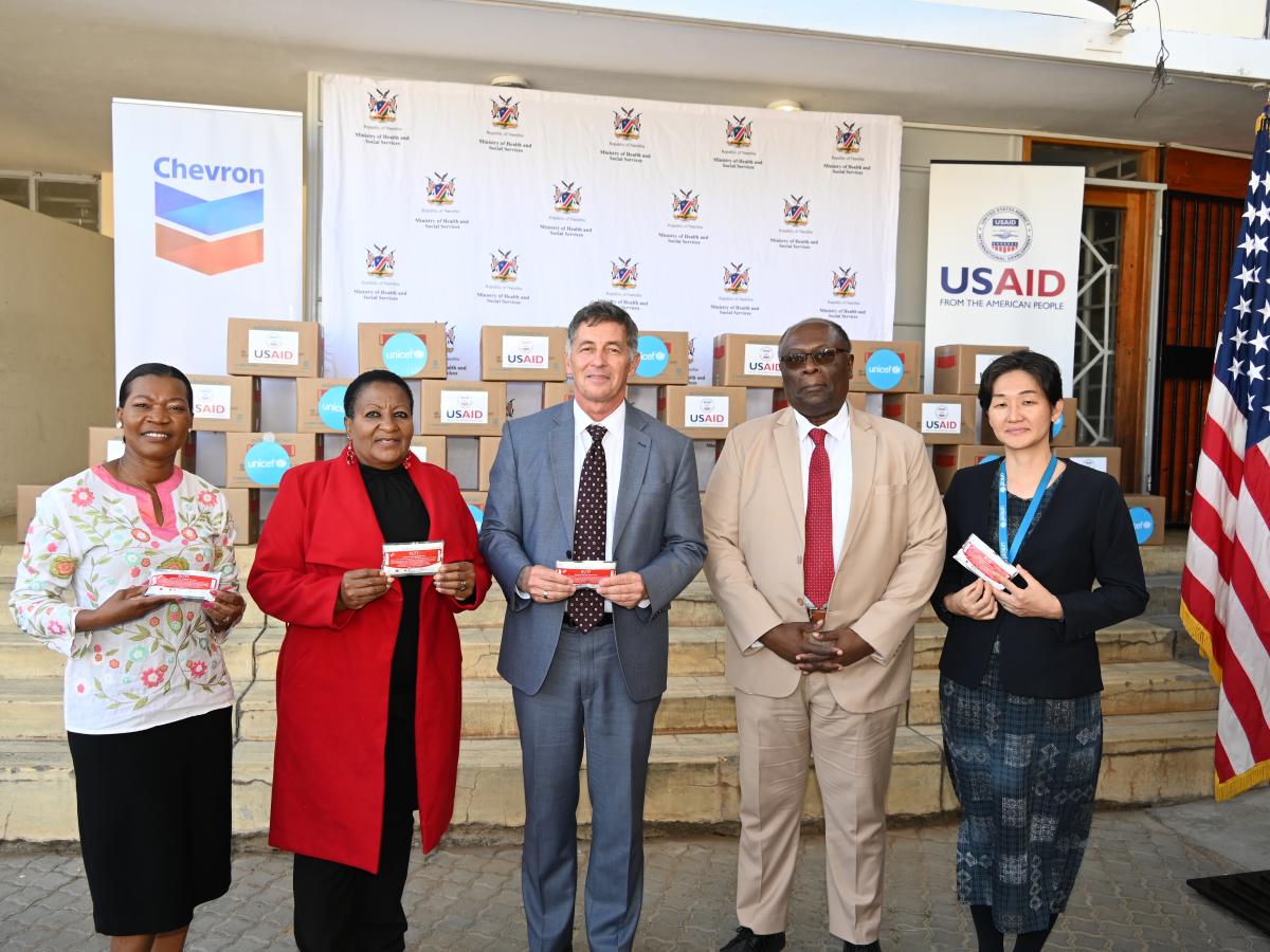 Acting Executive Director of the Ministry of Health and Social Services, Taimi Amaambo, Deputy Minister of Health and Social Services, Hon. Dr. Esther Muinjangue, U.S. Ambassador Randy Berry, USAID Namibia Representative Dr. McDonald Homer, and UNICEF Deputy Representative, Toshiko Takahashi.