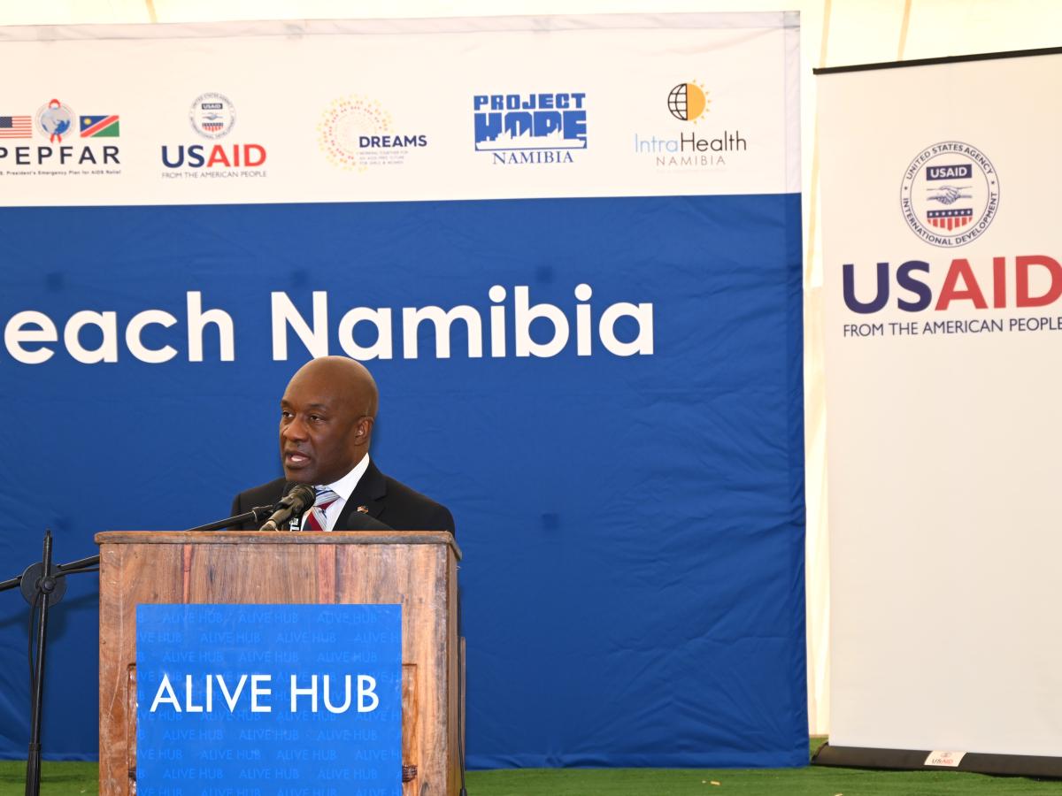 USAID Acting Country Representative Rockfeler Herisse addresses the attendees of Reach Namibia’s ALIVE Hub Launch event at Rundu, Kavango-East.