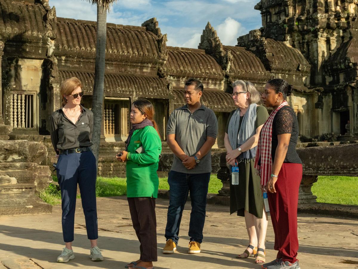 Administrator Power meets with trade union members and labor activists working at Angkor Wat, a UNESCO-recognized World Heritage Site located in Siem Reap, to discuss working conditions and other pressing labor rights issues, and how USAID support helps tourism-oriented and other trade unions address them.