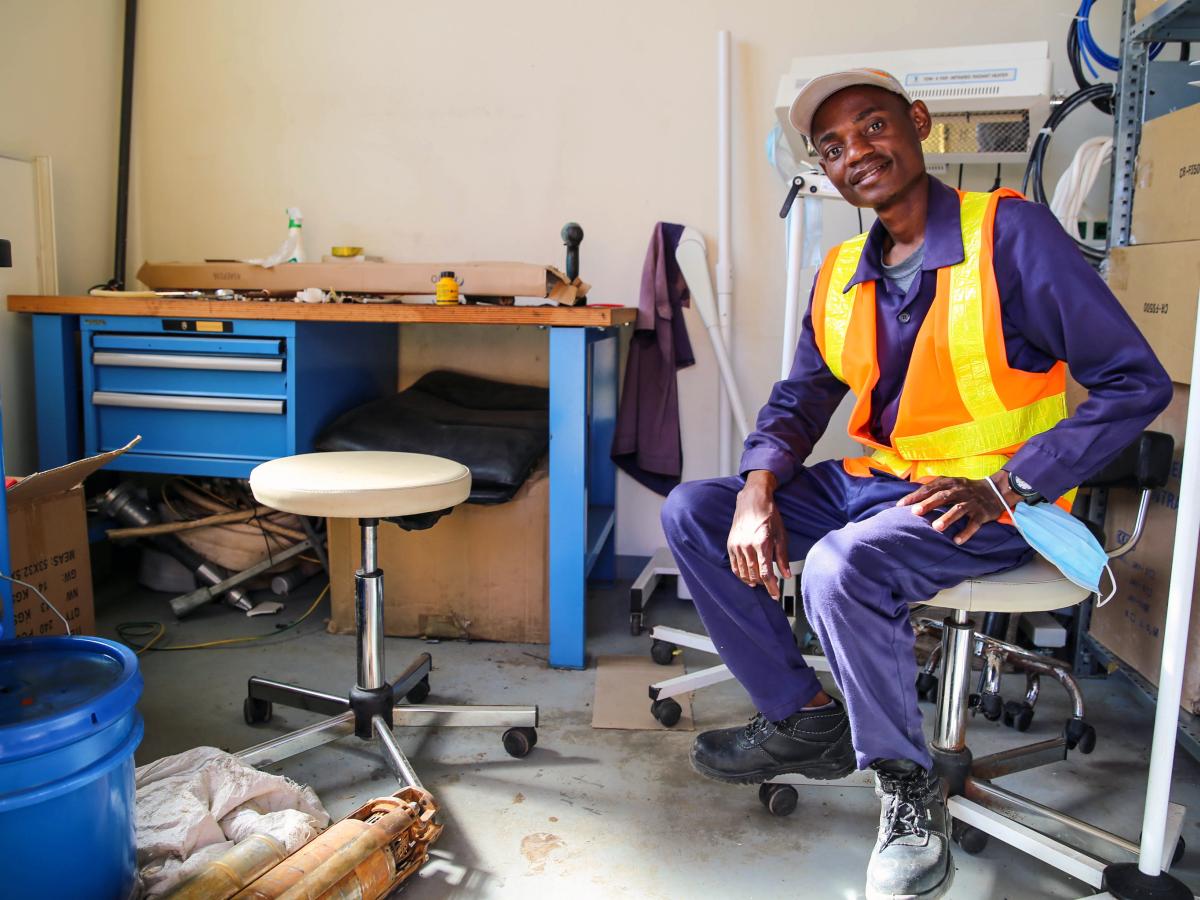 Photo of Felisberto Armando inside his repair shop in Monapo District Hospital.