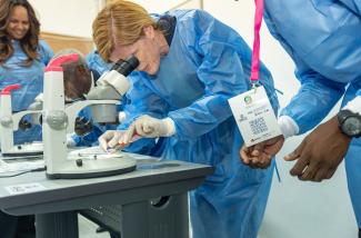 Administrator Power looks through a microscope at a mosquito sample