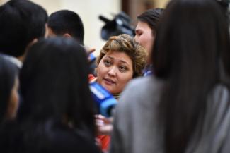 Journalist Ainur Qoskina in the lobby of the Parliament of Kazakhstan in Nur-Sultan in July 2019.