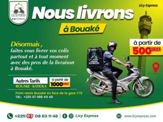 An advertisement for Licy Express service with an image of a man on a motorbike