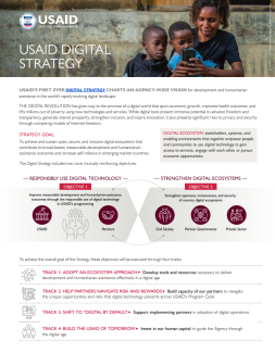 Cover photo for COVID-19 and Digital Development document featuring a diagram depicting the tracks and goals under the USAID Digital Strategy