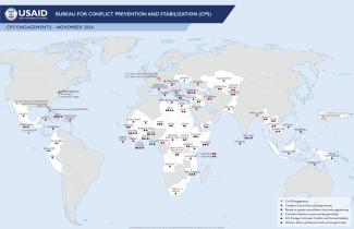 World map with USAID logo and text, "Bureau for Conflict Prevention and Stabilization (CPS). CPS Engagements - November 2024."