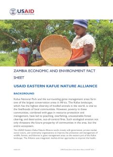 A Zambian woman pours soy beans from a woven basket into a COMACO bag in this thumbnail for the Eastern Kafue Nature Alliance fact sheet