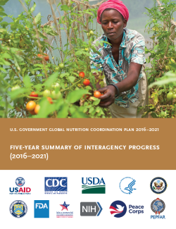 Five Year Summary Document cover with a photo of a woman picking some fruit