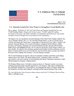 U.S.-TANZANIA LAUNCH FIVE-YEAR PROJECT TO STRENGTHEN COASTAL BIODIVERSITY