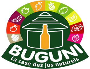 Logo for Jus Buguni with a cartoon image of an orange bottle surrounded by fruit