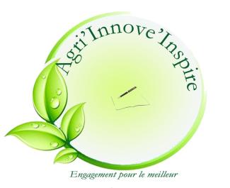 Logo for Agri-Innov Senegal featuring leaves with raindrops and the image of an open notebook and pen