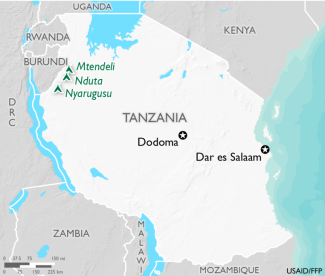 Map of Tanzania with refugee camps in Mtendeli, Nduta and Nyarugusu