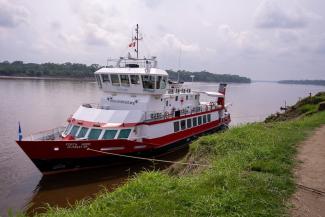 A hospital ship stationed near the shore