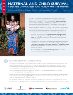 An image of the first page of the MATERNAL AND CHILD SURVIVAL A DECADE OF PROGRESS AND ACTION FOR THE FUTURE Outcomes and Shared Strategic Priorities For Accelerating Progress