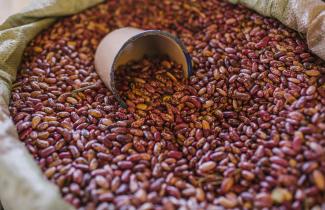 A bag of beans with a mug for measuring