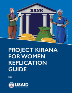 Cover photo for Project Kirana Replication Guide featuring an animated image of two women holding up phones in front of a bank