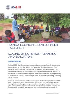 A Zambian man speaking to a group of Zambians seated under a tree is the thumbnail for the Scaling Up Nutrition Learning and Evaluation fact sheet