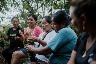 A group of indigenous women gathering and piling a bunch of leaves