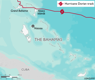 Map of the Bahamas, which includes a graphic representation of Hurricane Dorian's path