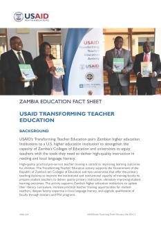 Thumbnail of the Transforming Teacher Education Fact Sheet shows four Zambian officials holding learning materials