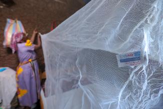 Women in Kenya Installing a Mosquito Net Over Her Bed