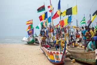 Canoes ready to go fishing in Otuam, Central Region of Ghana at the end of the fisheries closed season on August 1, 2022 Photo credit: Yooku Ata-Bedu, USAID/Ghana.