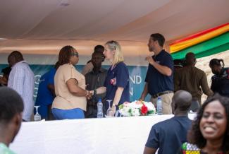 Mission Director Kimberly Rosen interacting with Ghana's Minister for Fisheries and Aquaculture Development, Hawa Koomson at the event to end the fisheries closed season Photo credit: Yooku Ata-Bedu, USAID/Ghana.