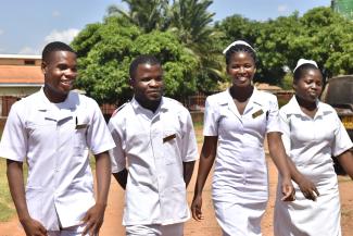 (From left) Rabson Katyale (23), Robert Frakson (25), Lyoness Chisi (23), and Bertha Mushuni (30) are fourth year nursing students at Kamuzu University of Health Sciences and recipients of scholarships from USAID’s nursing scholarship program. USAID/Cassie Vasiloff