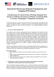 FTI Cohorts “Considerations for Governments Working Alongside Civil Society to Address Corruption and Money Laundering Risks in Various “Gatekeeper” Professions and Sectors”