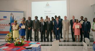 This image represents U.S Chargé d’Affaires Eric Stromayer, Prime Minister of Haiti Ariel Henry, and representatives of the European Union and the United Nations at the presentation of the SMART survey 2023