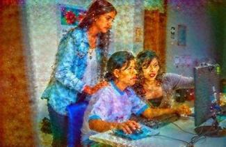 A stylized image of a woman and children at a computer